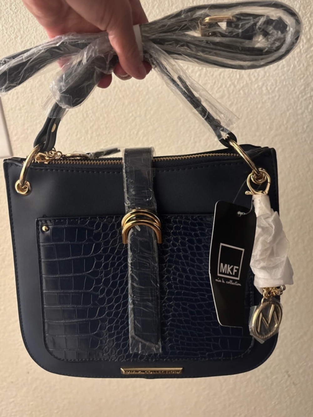 MKF Collection Navy Blue Croc Embossed Handbag NWT